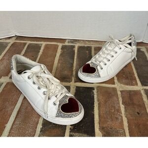 Betsey Johnson White Sneakers Velvet Heart Blair Women 10 Silver Glitter Lace Up
